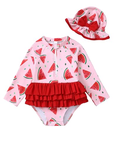Image of Toddler Girl Swimsuit Baby Girl Bathing Suit Long Sleeve Floral Zipper One-Piece Rash Guard Swimsuit with Hat