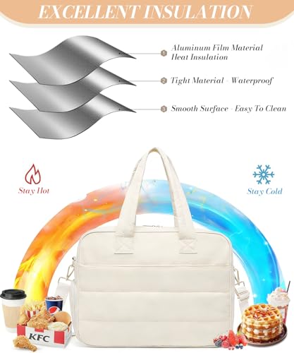 Image of PALAY Tote Bags for Women Office Use with Insulated Lunch Compartment Beige Nylon Waterproof Laptop Bag Large Puffy Quilted Travel Duffle Bag for Women