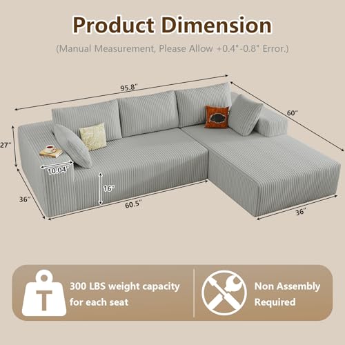 Image of 96 inch Modular Sectional Couch, Boneless L Shaped Cloud Sofa with Chaise Lounge, Corduroy Upholstered Couches Memory Foam Deep Seat, No Assembly Required, Ideal for Living Room(Light Gray, Right Facing)