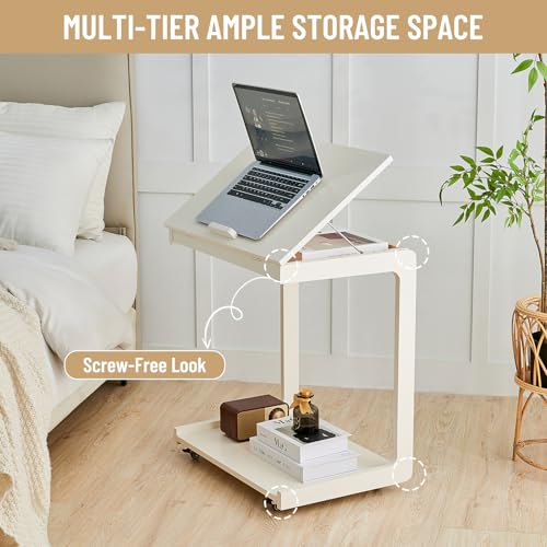 Image of Uniclinens Wooden White Side Table, White End Tables Small C Shaped End Table, Couch Tables Slide Under Sofa, Rolling Side Table with Wheels for Bedroom Living Room