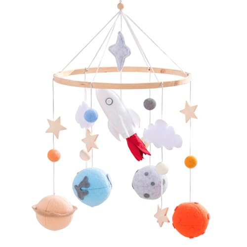 Image of Baby Crib Mobile for Boys Girls | Felt Space Nursery Mobile Wooden Mobile for Crib | Astronaut Space Theme Nursery Bed Decoration Baby Mobile for Crib | Gift for Newborn Nursery Decor