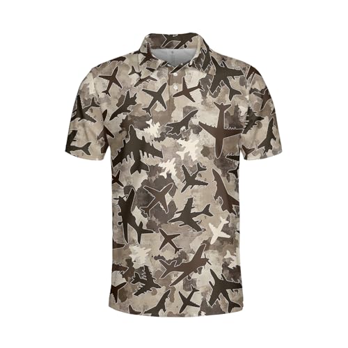 Camouflage Polo Shirts for Men - Aircraft Mens Camo Shirts Short Sleeve 3D Print Aviation Golf Polo Dry Fit S106 Size L
