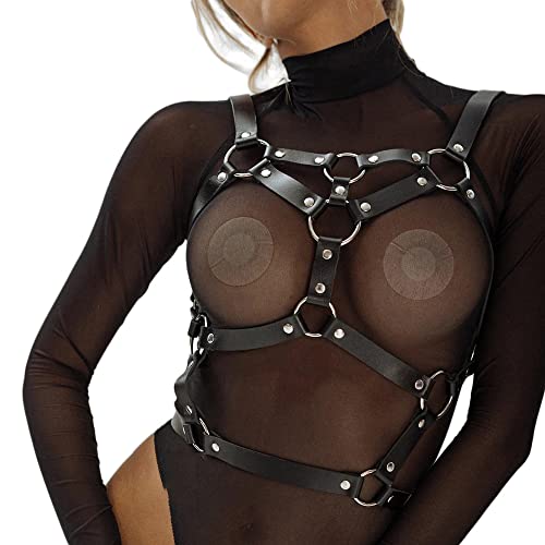Limmion Damen Sexy Leder Fesselgurt Punk Harness Body Brustgurte Cupless Lingerie BDSM SM Geschirre Brustgurt Gürtel Fetisch Bondage Erotik Reizwäsche Cosplay Party Rave Clubwear Sexy Kleidung