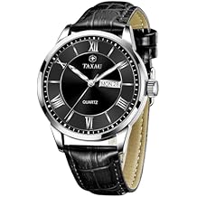 Taxau Mens Watch Black Leather Band, Waterproof Watches for Men Large Face, Casual Analog Quartz Dress Mens Wrist Watch with Day Date, Classic Elegant Gifts for Fathers Day Boyfriend