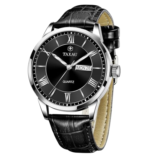 Taxau Mens Watch Black Leather Band, Waterproof Watches for Men Large Face, Casual Analog Quartz Dress Men's Wrist Watch with Day Date, Classic Elegant Gifts for Father's Day Boyfriend