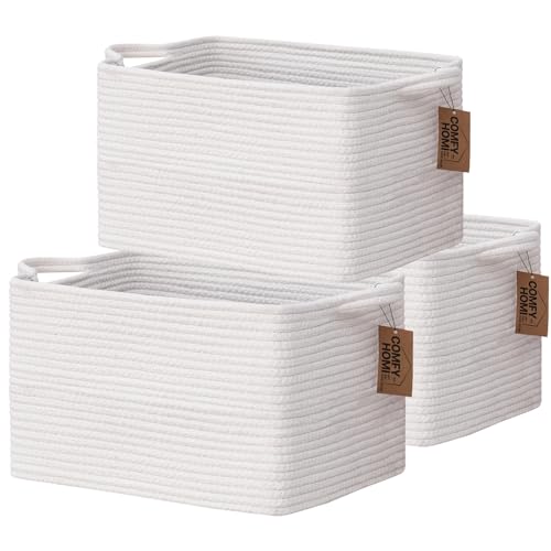Image of COMFY-HOMI 3PACK Cotton Rope Square Basket with Handles for Shelves| Storage|Baby Basket for GIF|Shoe Basket for Organizing|New13.5 inch x 11 inch x 9.5 inch for Living Room