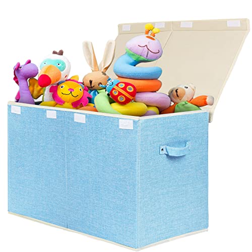 Popoly Large Toy Box Chest With Lid, Collapsible Sturdy Toy Bin Storage Organizer Boxes Baskets For Kids, Boys, Girls, Nursery, Playroom, 25"X13" X16" (Linen Blue) #TOP19