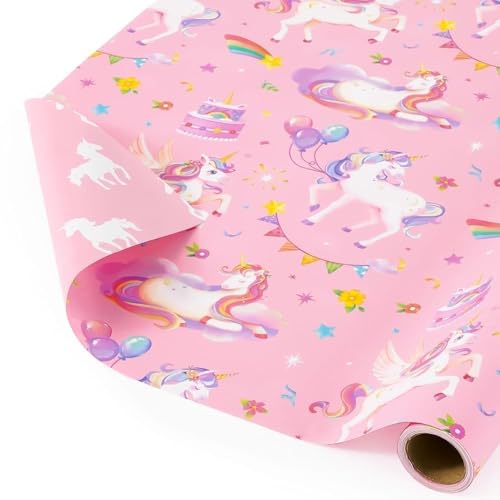 WERNNSAI Einhorn Geschenkpapier 1 Rolle 43cm x 3m Einhorn Geburtstags Geschenkpapier Mädchen Kinder Mini Regenbogen Pferd Geschenk Verpackung Geburtstagsparty Deko Wendbares Muster