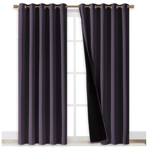 Image of NICETOWN 100% Blackout Window Curtain Panels, Greyish Purple, 2 Pieces, 70 inch Wide Each Panel, Cold and Full Light Blocking Drapes with Black Liner for Nursery, 84 inch Drop Thermal Insulated Draperies