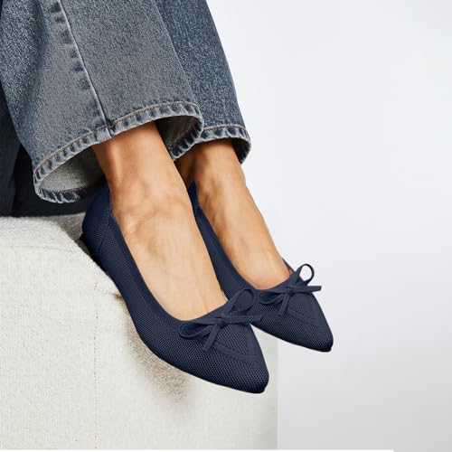 Image of TINGRISE Women's Flats Pointed Toe Bow Knit Ballet Shoes Comfortable Dressy Mesh Slip On Flat
