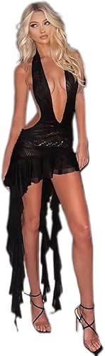 PWMENLK Women's Sexy Slim-Fitting See-Through Mesh Backless Low-Cut Halter Neck Hip-Wrapped Short Dress