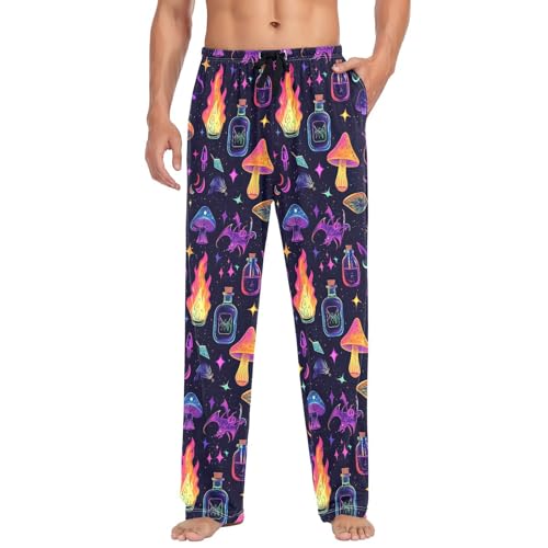 Men's Colorful Mushrooms Skulls Pajama Pants with Pockets - Straight Fit Cotton Sleep Bottoms for Lounge & Nightwear