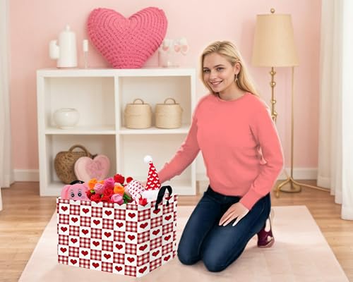 Image of Large Valentine's Day Basket Heart Shaped Storage Bin for Gifts Collapsible Organizer Room Decor (Grid Love)