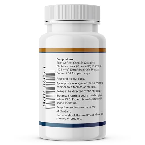 Image of INLIFE Vitamin D3 5000 IU Cholecalciferol with Coconut Oil Supplement for Better Absorption, For Men & Women, Immunity, Bone Health, Muscles - 60 Softgels