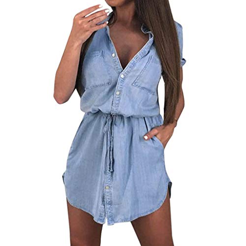 Lenfesh Vestido Vaqueros De Mujer Casual botón Camiseta Largo Verano de Manga Corta Vestido de Verano Informal