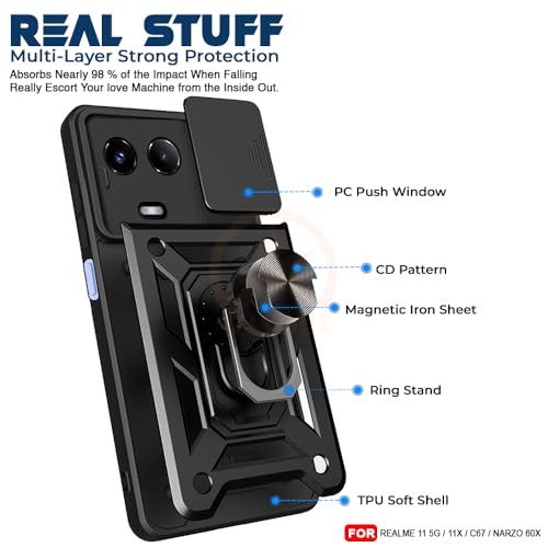 Image of Armor Bumper Back Cover Case for Realme 11 5G / 11X / C67 / Narzo 60X Rotating Camera Cover, Ring Holder & Kickstand | Heavy Duty & 360 Degree Protection Back Cover (Black)