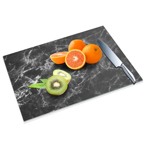 JAMBALAY Tempered Glass Cutting Board for Kitchen 12'x16', Marble Pattern Cutting Board, Chopping Board with Rubber Feet, Heat Resistant, Shatter Resistant, Dishwasher Safe, Dark Black