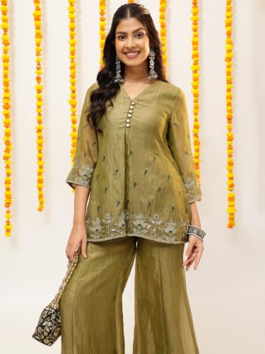 Image of Vbuyz Women Floral Embroidery Stylish A-Line Fandy Silk Kurta With Palazzo