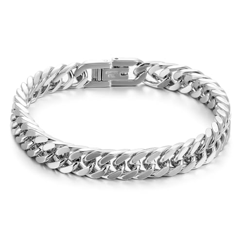 AFSTALR Silber Armband Herren Edelstahl Armbänder Panzerkette 8mm Breite Glatt Kubanische Cuban Armreif Men's Bracelets Schmuck Jewellery Geschenk für Männer Jungen 18cm