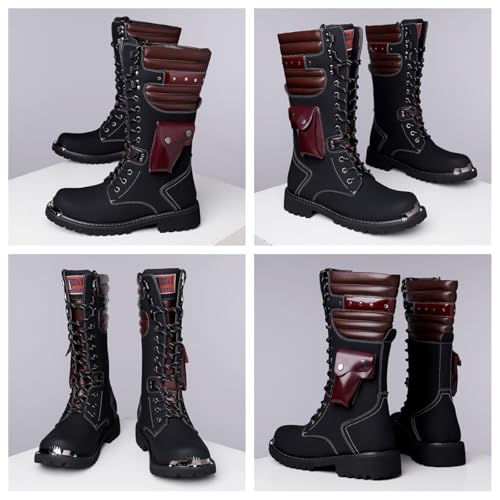 Men's Leather High Top Lace Up Motorcycle Boots Mid-Calf Military Tactical Combat Boot Buckle British Metal Biker Riding Punk Rock Backpacking Shoes2