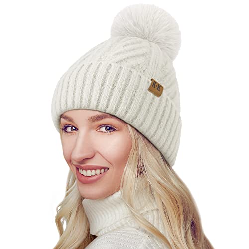 VIKEY Bommelmütze Damen - Winter Warm Strickmütze mit Bommel Fleece-Futter Gefütterte Mütze Beanie Pom Pom Wintermütze Weihnachts Geschenk-Weiß-Einheitsgröße Cover