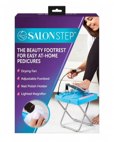Salon Step The Beauty Footrest for Easy at-Home Pedicures Treat Your Feet No More Bending or Stretching with LED Magnifier Drying Fan Adjustable Foot Rest Non-Slip Sturdy Legs & Built-in Storage