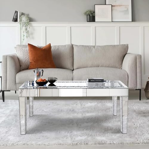 Jesantab Silver Mirrored Coffee Table with Crystal Inlay, Rectangle Glass Tea Table with Mirrored Finish, Modern Center Table for Living Room and Office (23.6" D x 35.4" W x 17.7" H) Jesantab Silver Mirrored Coffee Table with Crystal Inlay, Rectangle Glass Tea Table with Mirrored Finish, Modern Center Table for Living Room and Office (23.6" D x 35.4" W x 17.7" H)