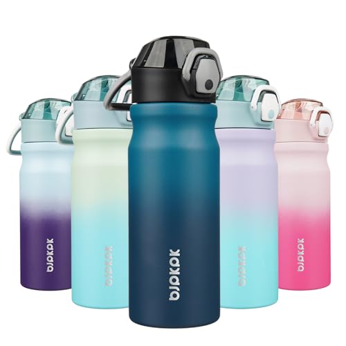 Image of BJPKPK 18 oz Water Bottle with Straw & Handle, Insulated Stainless Flask | Leak Proof Locking Lid, Thermal, Double Wall Vacuum, Keeps Hot /Cold, Dishwasher Safe, Travel & Sports, Indigo Black