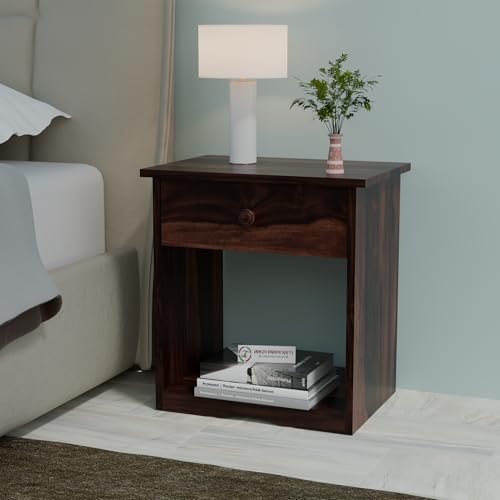 Image of Jangid Handicraft Solid Sheesham Wood Bedside Table with Drawer | Nightstand for Bedroom, Living Room & Home Decor | Wooden Side Table with Storage Shelf & Drawer, Walnut Finish