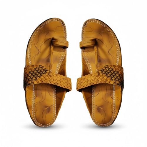 Image of Agadi Handcrafted Men's Tan Vegan Leather Kolhapuri Chappals - Traditional Ethnic V-Strap Sandals with Braided Detail and Iconic Pointed Toe (Tok)