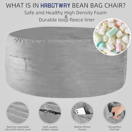 HABUTWAY Bean Bag Chair: Giant 5' Memory Foam Furniture Bean Bag Chairs for Adults with Microfiber Cover 5Ft (Light Grey)