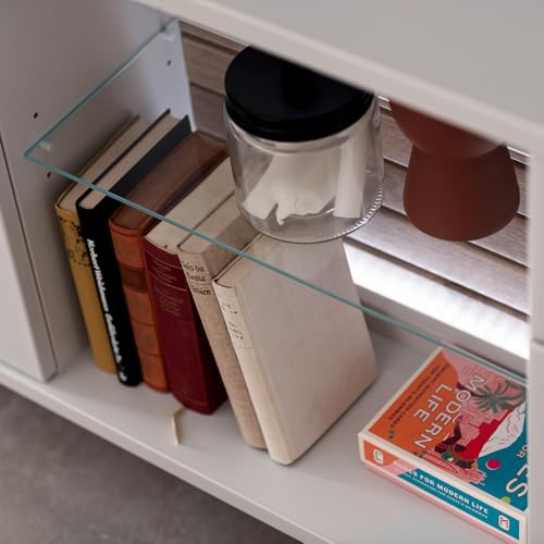 Lomadox Wohnwand Wohnmöbel Set weiß mit Eiche-Lamellen 3-teilig Modern, 1 Vitrine, 1 Wandboard, 1 Lowboard inkl. LED-Beleuchtung – Bild 7