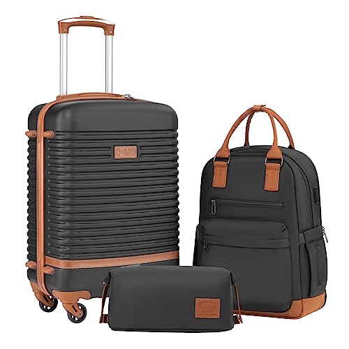 Coolife Suitcase Set 3 Piece Luggage Set Carry On Travel Luggage TSA Lock Spinner Wheels Hardshell Lightweight Luggage Set(Black, 3 piece set (BP/TB/20)) Black 3 piece set (BP/TB/20)