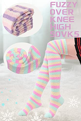 CutiePlusU Striped Coral Fleece Winter Warm Over Knee High Socks - Soft Fuzzy Thigh High 2 Pairs Pack4