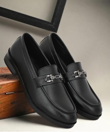 Image of VELTRIX Men's Premium Patent Leather Finish Formal Loafers | Horsebit Buckle Slip-On Shoes | Comfortable Office, Party, Wedding & Business Dress Shoes Aldo Plain Softy