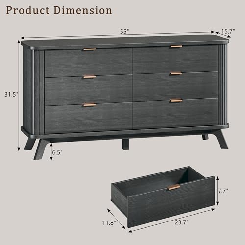Image of HUAHUU Fluted 6 Drawers Dresser for Bedroom, 55 inch Mid Century Modern & Chests of Drawers, Curved Profile Design, TV Stand, Wood Storage Dresser for Entryway, Hallway, Black