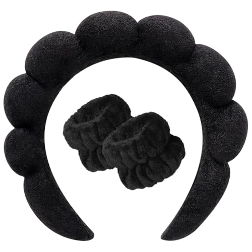 Juego de 3 diademas de esponja para mujer, diadema de maquillaje suave y banda de lavado de muñeca, para lavado facial, eliminación de maquillaje, yoga, deportes, color negro