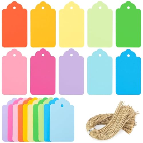 HAKACC 200PCS Colorful Gift Tags with String Small Paper Tags in 10 Assorted Colours for Christmas Wrapping Festive Crafts Scrapbooking Bookmarks Party Decorations and DIY Projects
