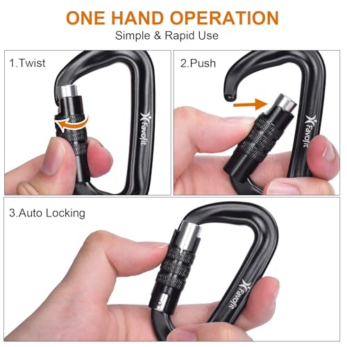 Favofit Auto Locking Carabiner Clips, 4 Pack, 12KN (2697 lbs) Heavy Duty Caribeaners for Camping, Hiking, Outdoor & Gym etc, Twistlock Carabiners for Dog Leash & Harness, Black