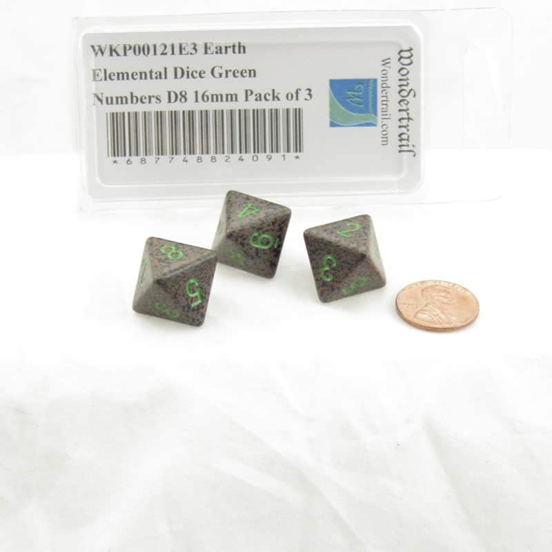 Wondertrail Earth Elemental Dice with Green Numbers D8 Aprox 16mm Pack of 3 WKP00121E3