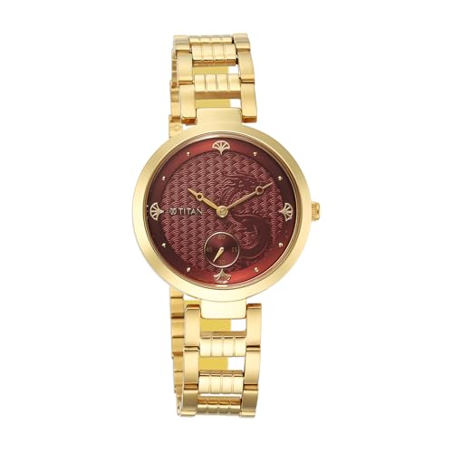 Image of Titan Classique Plain 3 Hands Red Round Dial Yellow Plating A1Stainless Steel Strap Men's Watch - 2480YM04