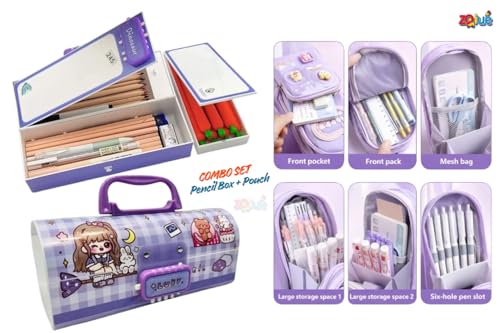 Image of Zqiue Luky Purple Password Lock Pencil Box & Happy Time Pencil Pouch Combo Set (Pack of 2) | Double Combination Lock Pencil Case | Cute Kawaii Large Capacity Stationery Organizer for Kids & Girls