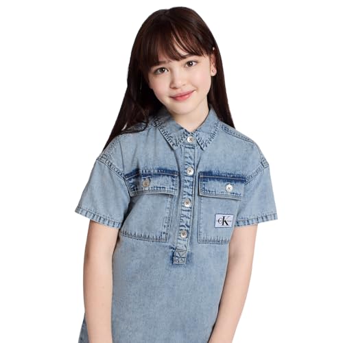 Image of Calvin Klein Girls' Short Sleeve Lightweight Chambray Denim Shirt Dress