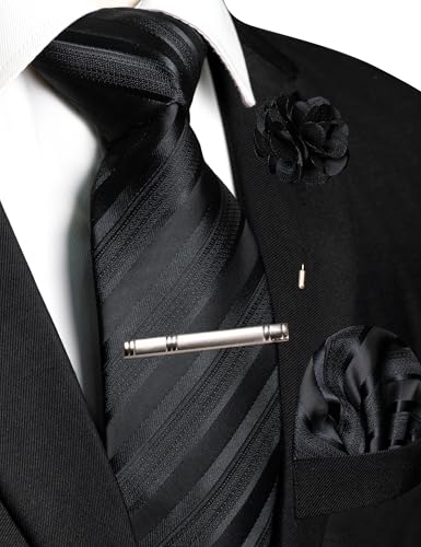 RBOCOTT Mens Black Stripe Tie Woven Necktie Pocket Square and Lapel Pin with Tie Clip Set for Business(4) — view 2