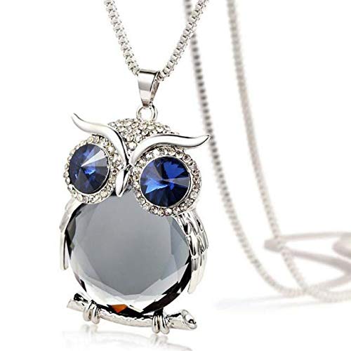 FunDiscount Blue Sapphire Eyes Owl Pendant Necklace for Women Teen Girls Lady Fashion Colorful Rhinestone Diamond Owl Shape Long Sweater Chain Charm Jewelry Valentines Day Gifts (Gray)