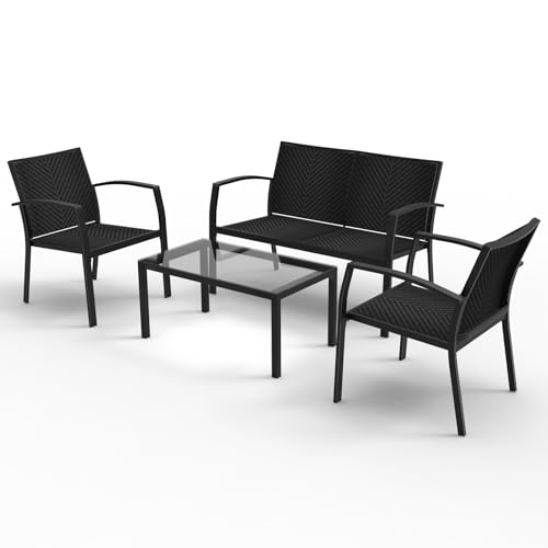 RANSENERS 4-Teilig Premium Gartenmöbelset mit Metallrahmen und Polyrattan Sitzfläche für Garten Terrasse und Balkon (Schwarz)