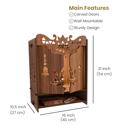 Image of NIVED YAMUNA Engineered Wood Mandir with Door | Spotlight | Extra Storage | 21 x 16 x 10.5 inch | Wall Mountable | No Screw /Bolt Screw Assembly | Home Temple | Pooja Stand | Colour: Walnut