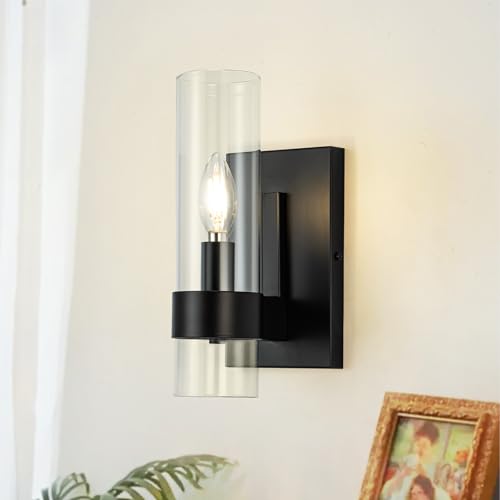 Image of MAYNA Indoor Wall Sconce Light Fixtures, Black Bathroom Vanity Lighting Fixtures Over Mirror with Cylinder Glass, Wall Lamp for Bedroom Kitchen Sink Hallway Living Room