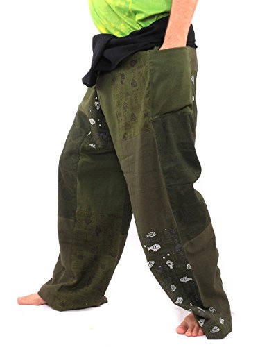 jing shop Cotton Wrap Pants – Patchwork Design, Adjustable Waist, Size L Long, Handmade in Thailand3