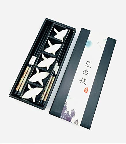 JapanBargain, Japanese Chopsticks Gift Set – 5 Pairs Reusable Black Bamboo Chopsticks with 5 Porcelain Crane Chopstick Rests, 9” Long, Dishwasher Safe, Elegant Gift Box Included
